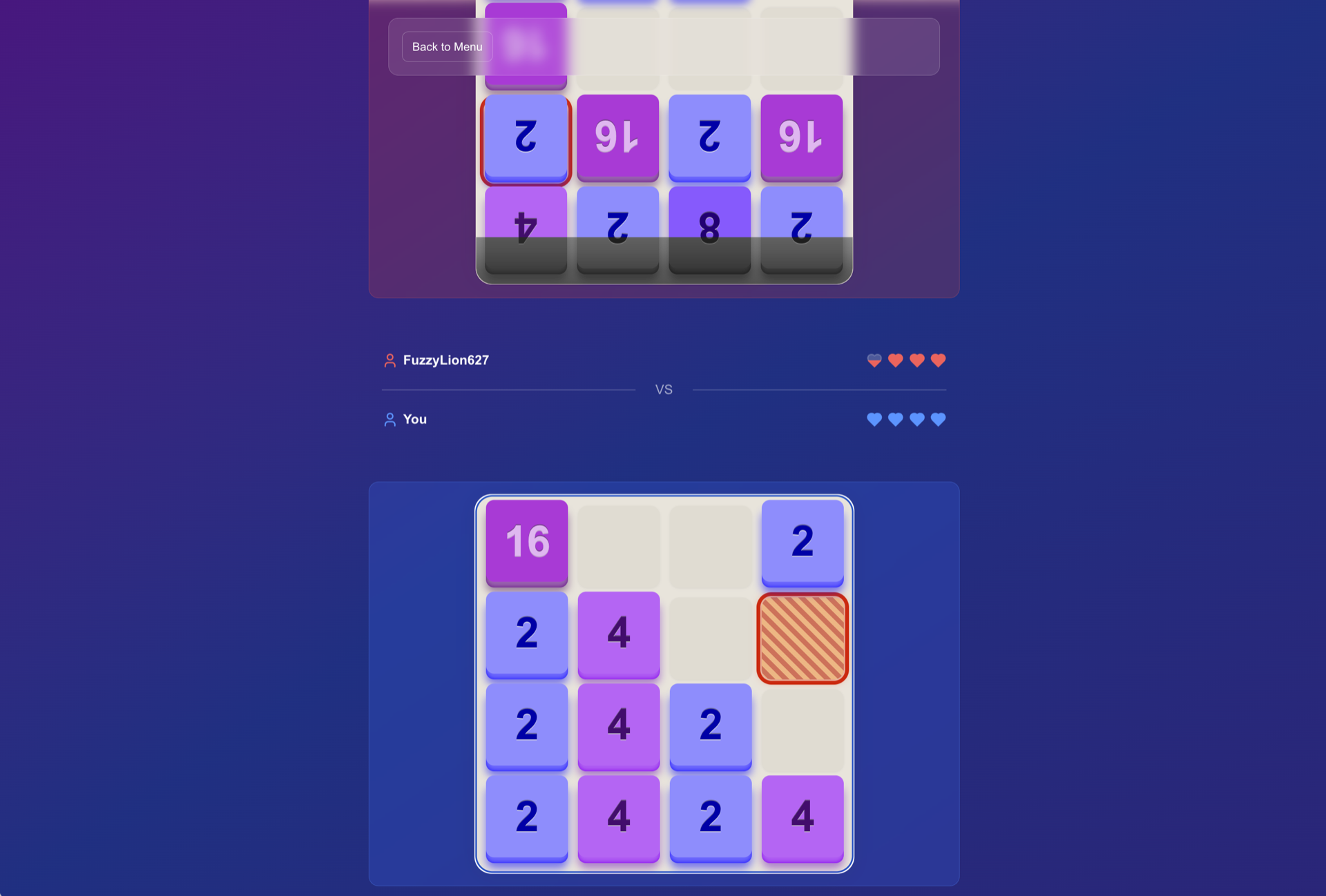 Battle 2048 realtime match with health and damaged board state